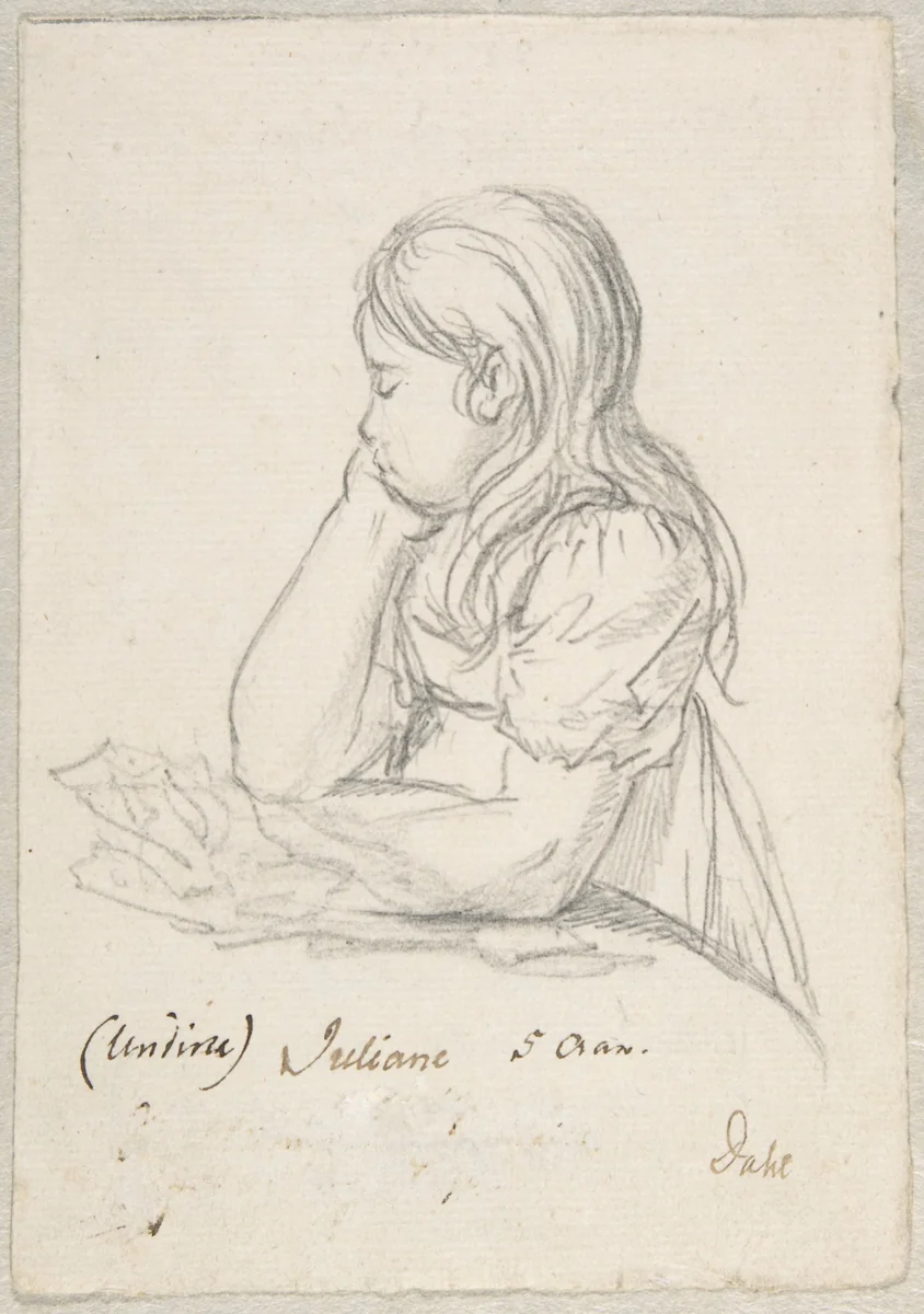 Portrait of Juliane Sophie Heger as a Child, leaning on a Table by Johan Christian Dahl, drawing, 1815-1825