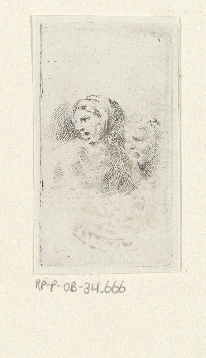 Hoofd van vrouw met open mond en een hoofd in profiel naar links by Stefano della Bella, print, 1620-1664