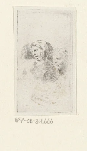 Hoofd van vrouw met open mond en een hoofd in profiel naar links by Stefano della Bella, print, 1620-1664