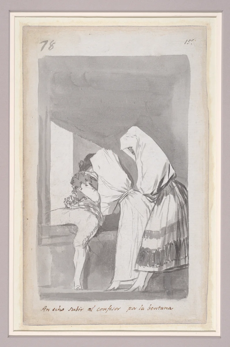 Two women helping a confessor to climb through a window; folio 78 (verso) from the Madrid Album "B" by Goya, drawing, 1796-1798