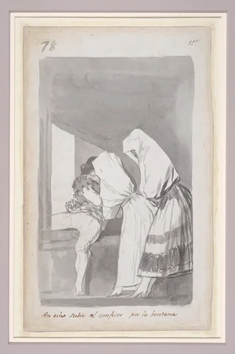 Two women helping a confessor to climb through a window; folio 78 (verso) from the Madrid Album "B" by Goya, drawing, 1796-1798