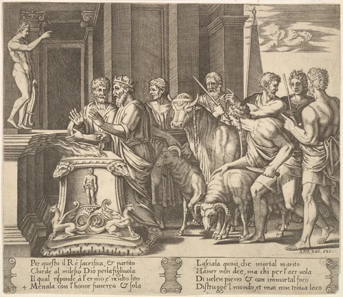 Plate 4: Psyche's father consulting the oracle, from "The Fable of Psyche" by Master of the Die, print, 1530-1560