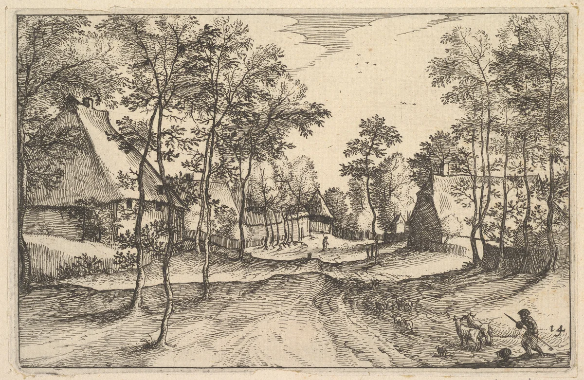 A Village Road, plate 14 from "Regiunculae et Villae Aliquot Ducatus Brabantiae" by Claes Jansz Visscher, print, 1605-1615