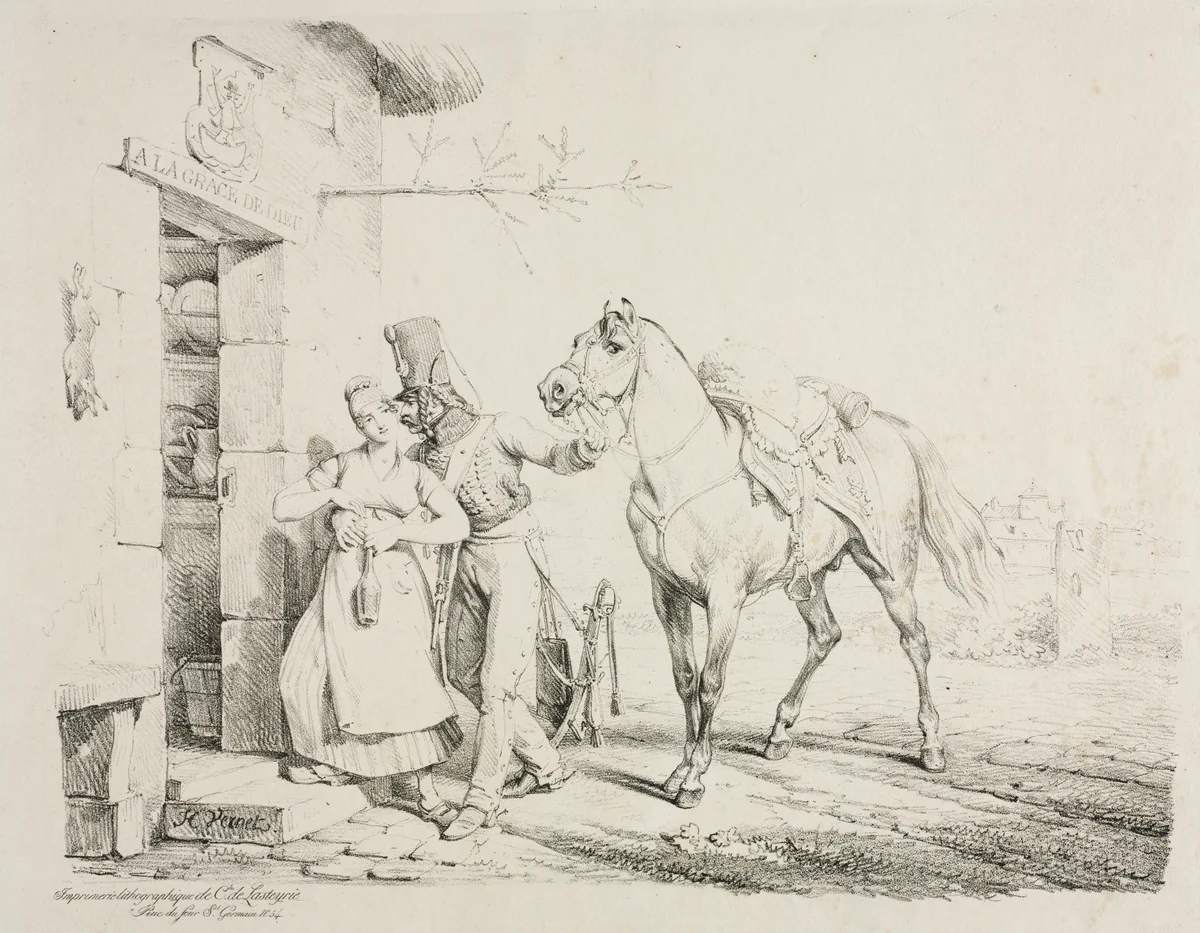 Hussar at the Door of a Cabaret, or Hussar Embracing a Servant by Horace Vernet, print, 1817