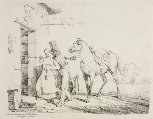 Hussar at the Door of a Cabaret, or Hussar Embracing a Servant by Horace Vernet, print, 1817