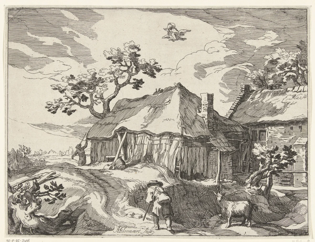 Landschap met boerderij en roof van Ganymedes by anonymous, print, 1612-1664