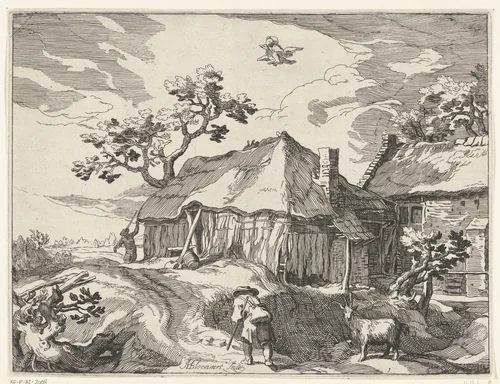 Landschap met boerderij en roof van Ganymedes by anonymous, print, 1612-1664