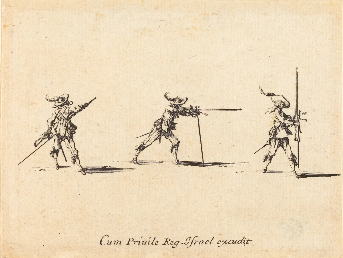 Taking the Firing Position with the Musket by Jacques Callot, print, 1634-1635
