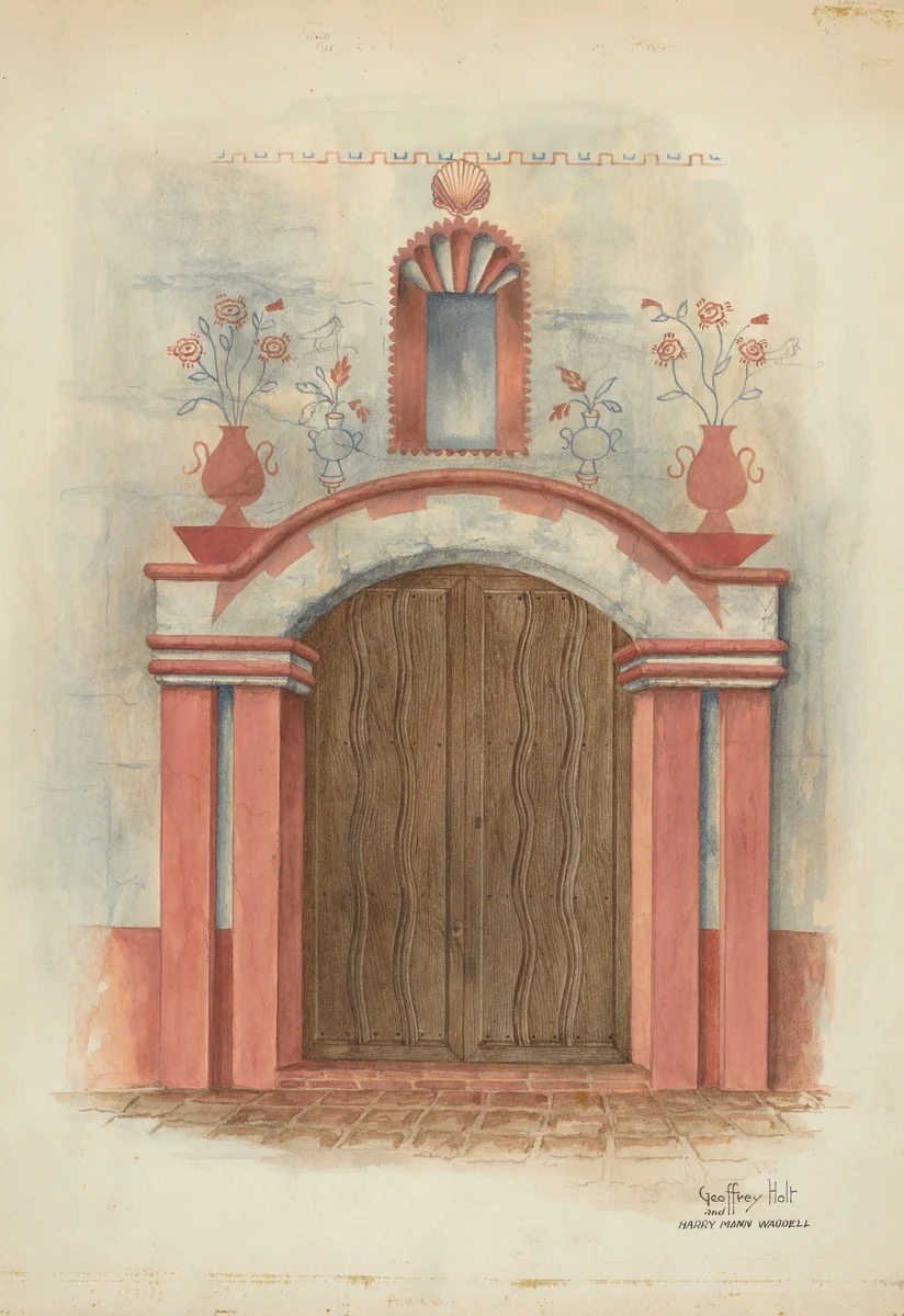 Restoration Drawing: Main Doorway, with Decorations, Mission House by Harry Mann Waddell, index of american design, 1938