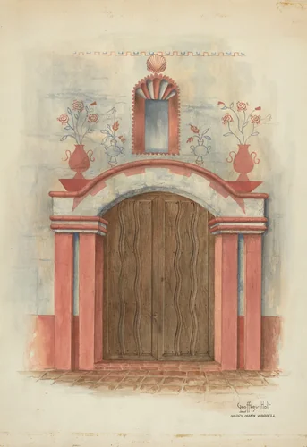 Restoration Drawing: Main Doorway, with Decorations, Mission House by Harry Mann Waddell, index of american design, 1938