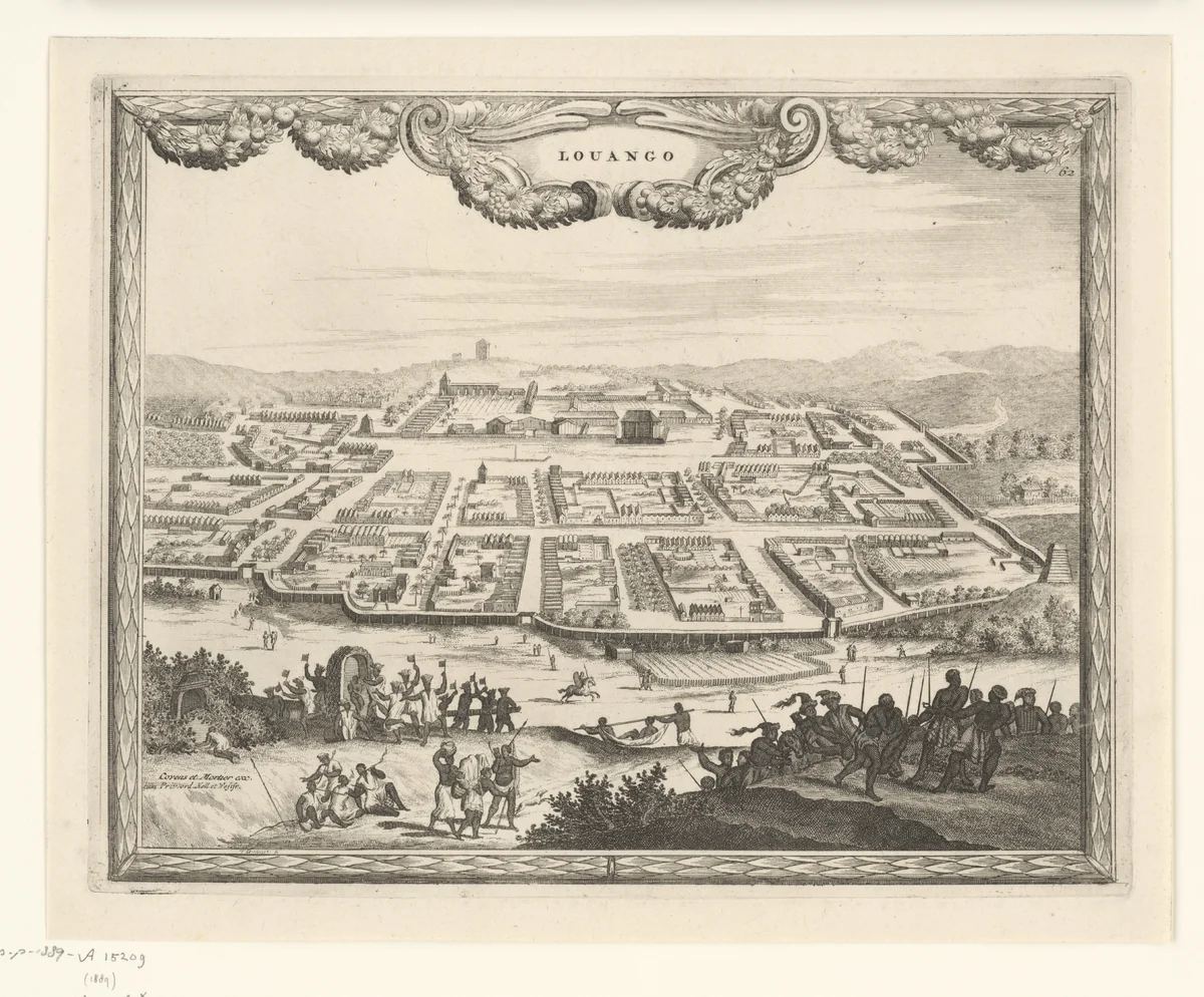 Gezicht op Louango in vogelvlucht by Thomas Doesburgh, print, 1685-1714