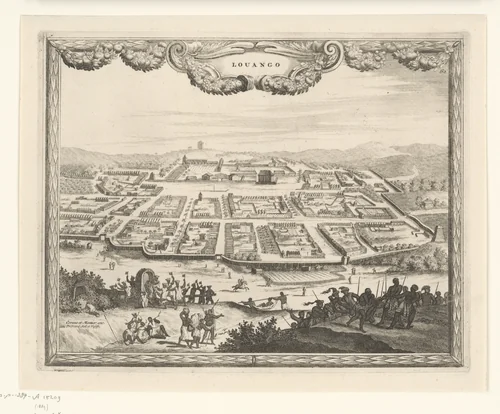 Gezicht op Louango in vogelvlucht by Thomas Doesburgh, print, 1685-1714