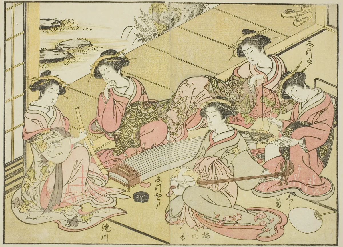 Courtesans of the Tamaya, from the book "Mirror of Beautiful Women of the Pleasure Quarters (Seiro bijin awase sugata kagami)," vol. 1 by Katsukawa Shunsho (勝川 春章), print, 1776