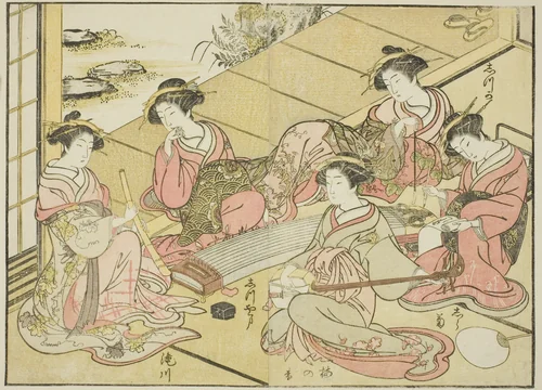 Courtesans of the Tamaya, from the book "Mirror of Beautiful Women of the Pleasure Quarters (Seiro bijin awase sugata kagami)," vol. 1 by Katsukawa Shunsho (勝川 春章), print, 1776