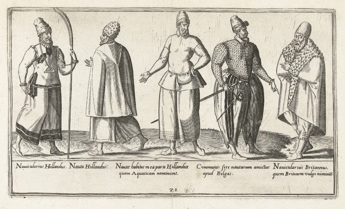 Kleding van regionale zeelieden rond 1580 by Abraham de Bruyn, print, 1581