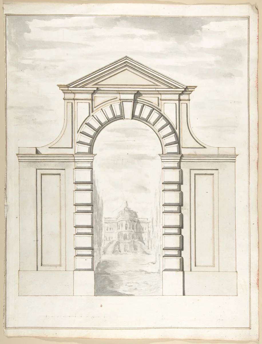 Elevation of a Garden Gate Showing a Palazzo or Villa in the Distance by Pietro Paolo Coccetti, drawing, 1710-1727