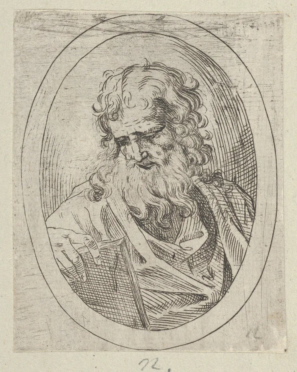 An apostle with a long beard looking down at an open book, in an oval frame, from "Christ, the Virgin, and Thirteen Apostles" by anonymous, print, 1595-1645