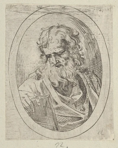 An apostle with a long beard looking down at an open book, in an oval frame, from "Christ, the Virgin, and Thirteen Apostles" by anonymous, print, 1595-1645