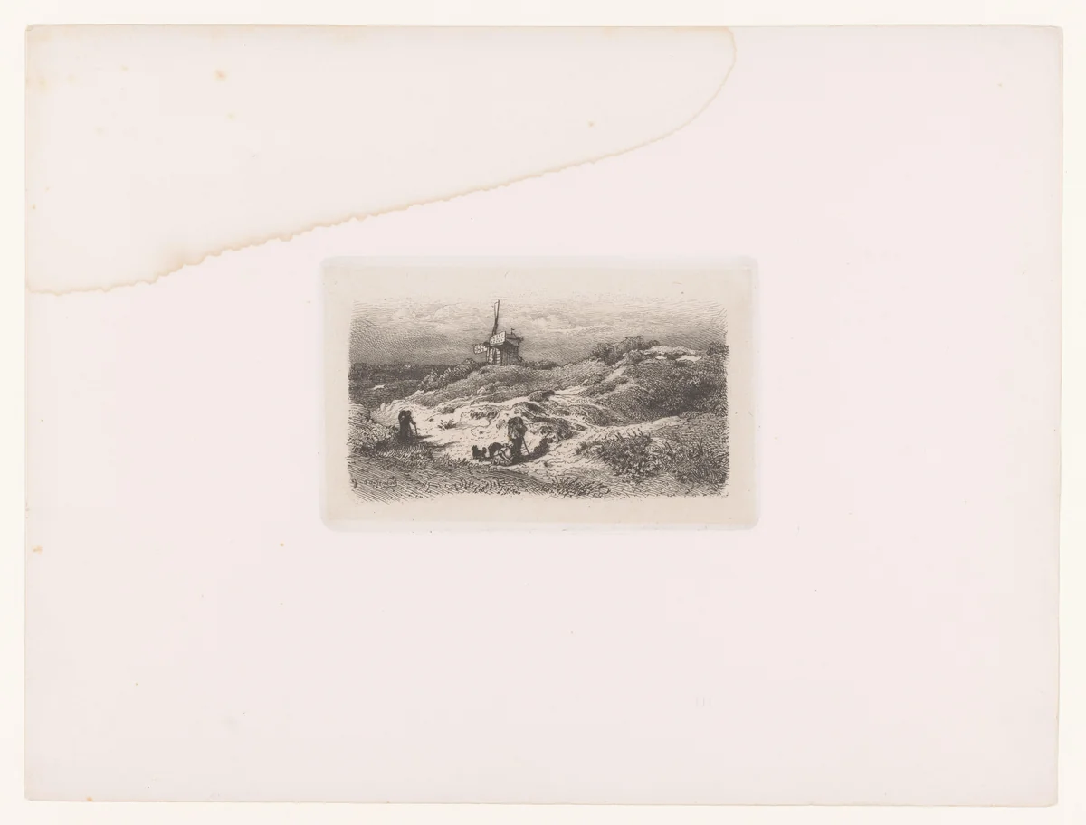 Landschap met reizigers, een molen in de achtergrond by Andreas Achenbach, print, 1862