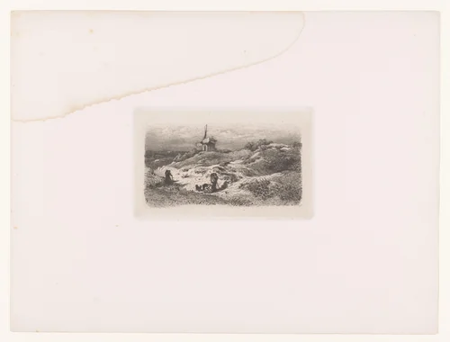 Landschap met reizigers, een molen in de achtergrond by Andreas Achenbach, print, 1862