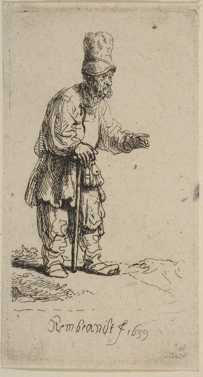 A Peasant in a High Cap, Standing Leaning on a Stick by Rembrandt van Rijn, print, 1639