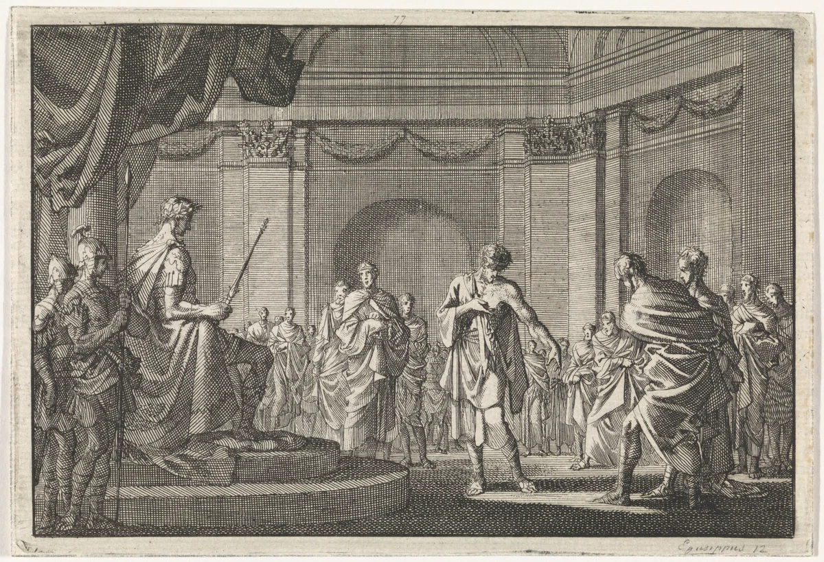 Antipater toont Caesar zijn wonden by Jan Luyken, print, 1704