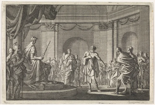 Antipater toont Caesar zijn wonden by Jan Luyken, print, 1704