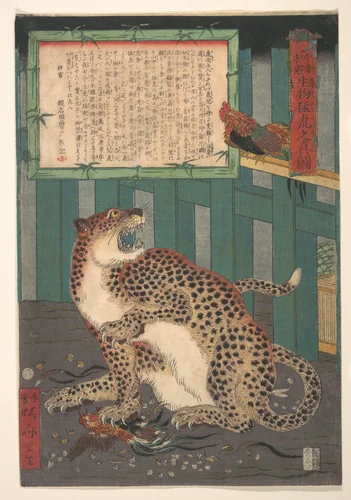 Never Seen Before: True Picture of a Live Wild Tiger (Konjaku miken, Ikimono mōko no shinzu) by Kawanabe Kyōsai (河鍋暁斎), print, 1860