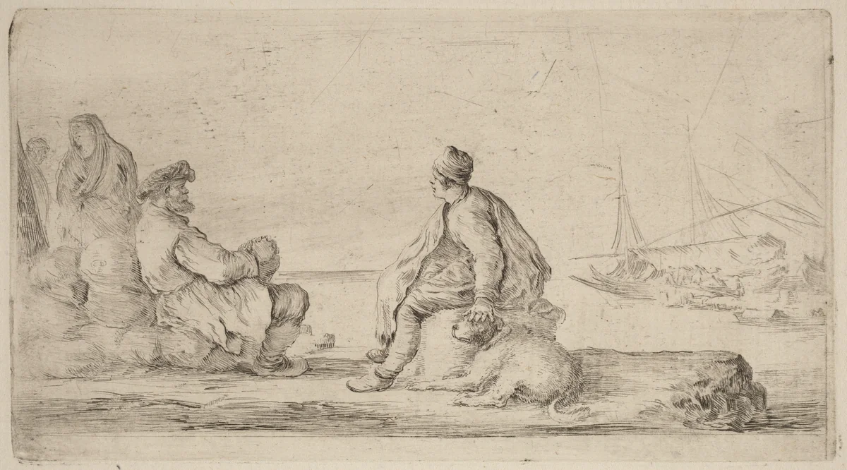 Sailors Seated on a Bank by Stefano della Bella, print, 1610-1664