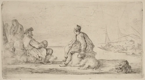 Sailors Seated on a Bank by Stefano della Bella, print, 1610-1664