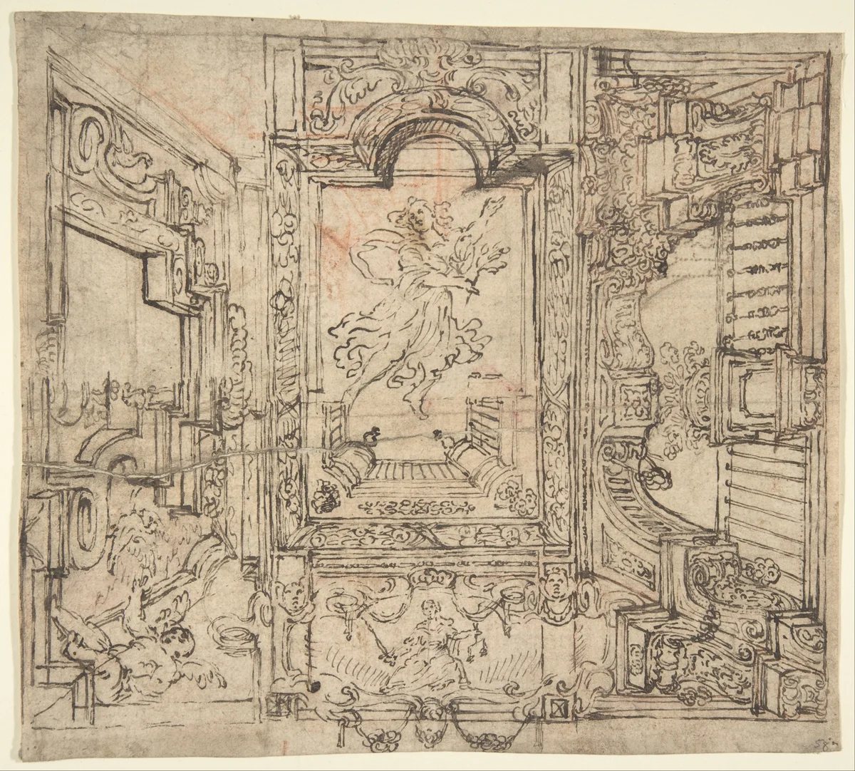 Design for a Painted Ceiling: Perspective Architectural with a Figure at the Center by anonymous, drawing, 1700-1780
