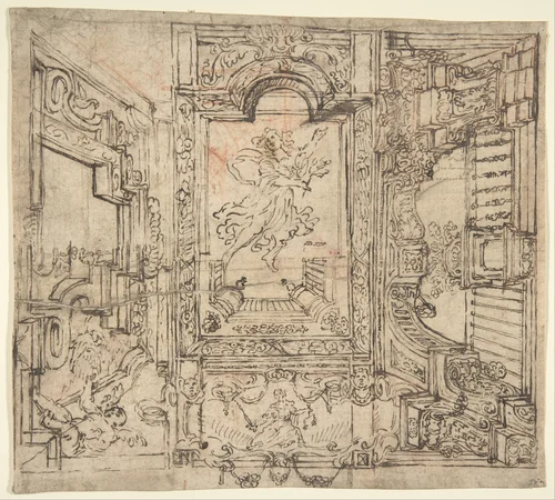 Design for a Painted Ceiling: Perspective Architectural with a Figure at the Center by anonymous, drawing, 1700-1780
