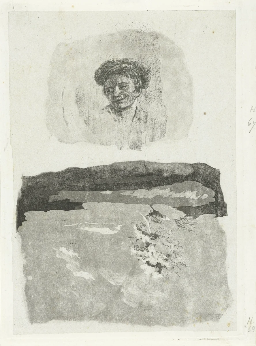 Jongenskop en landschap by Frédéric Théodore Faber, print, 1828-1831