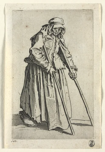 The Beggars: Beggar Woman on Crutches by Jacques Callot, print, 1619-1627