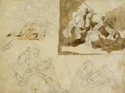 Four Sketches for a Cavalry Battle by Jean Louis André Théodore Géricault, drawing, 1814-1824