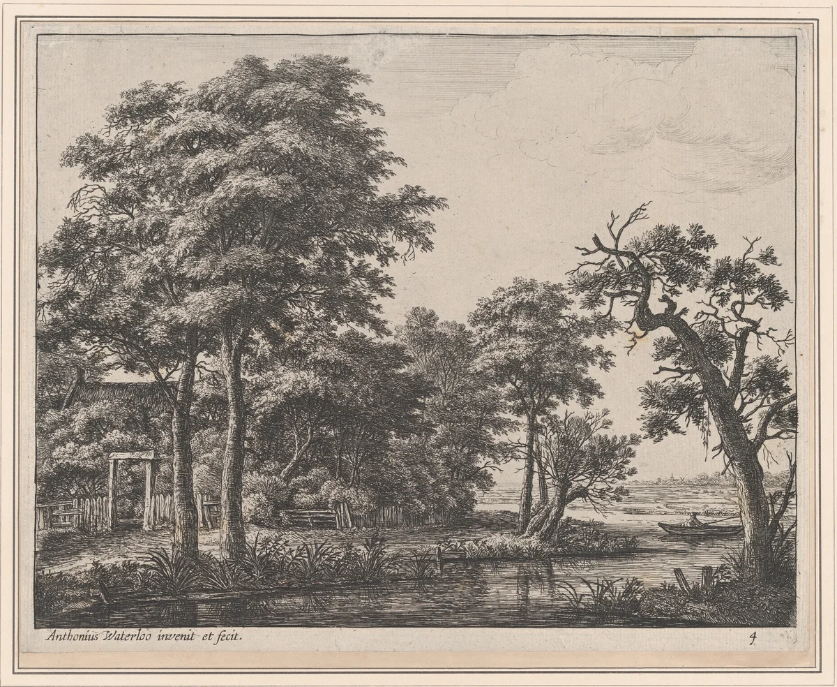 A Farmhouse Beside the Water by Anthonie Waterloo, print, 1620-1690