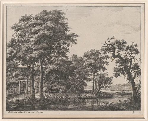 A Farmhouse Beside the Water by Anthonie Waterloo, print, 1620-1690