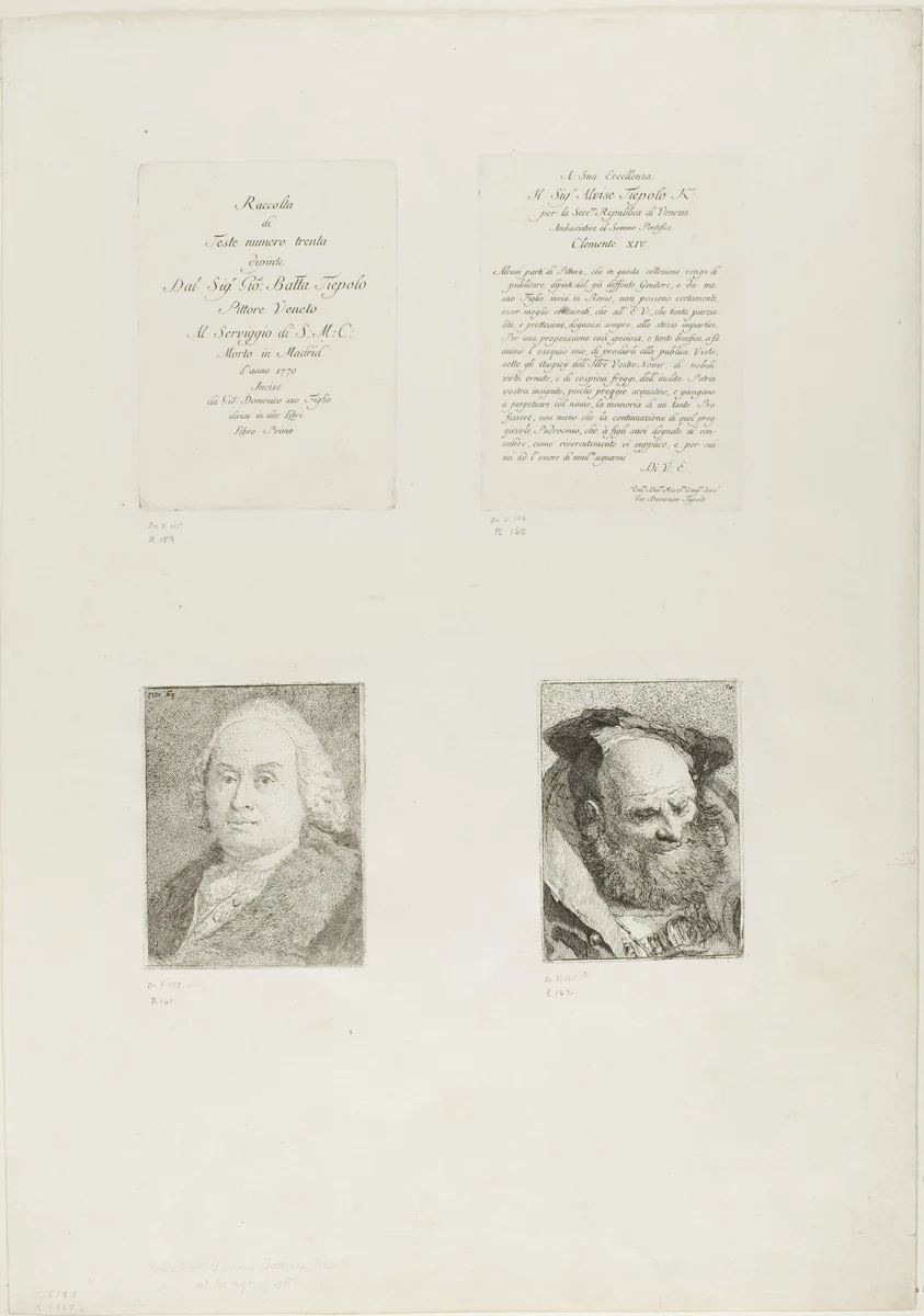 Title Page, Dedication, Portrait of Giambattista Tiepolo, Bearded Old Man by Giovanni Domenico Tiepolo, print, 1775