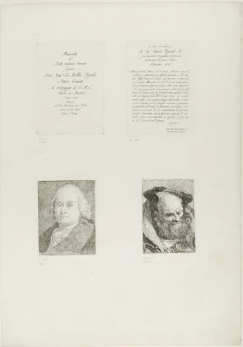 Title Page, Dedication, Portrait of Giambattista Tiepolo, Bearded Old Man by Giovanni Domenico Tiepolo, print, 1775