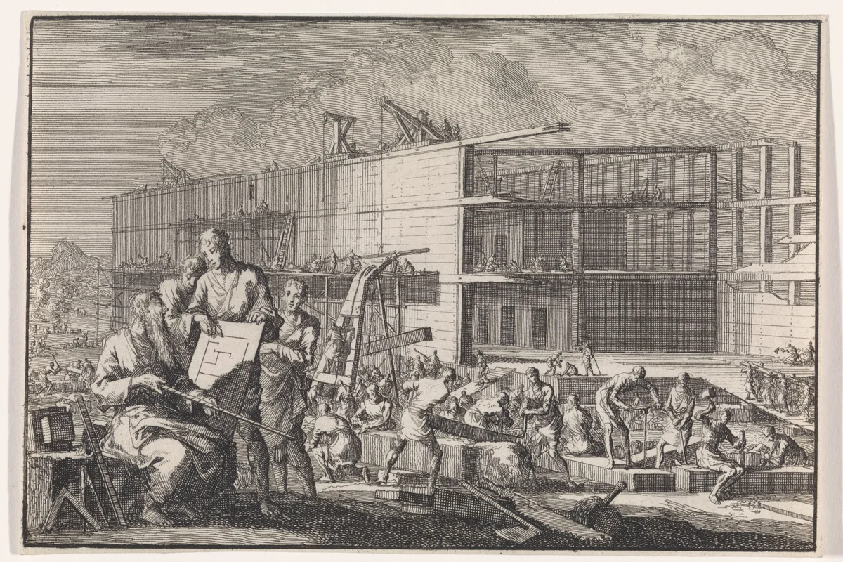 Bouw van de ark van Noach by Jan Luyken, print, 1703