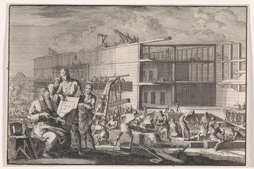 Bouw van de ark van Noach by Jan Luyken, print, 1703