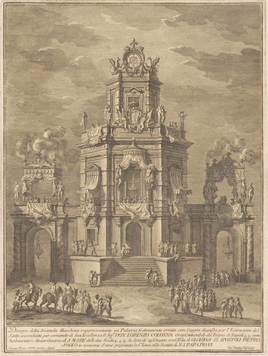 The Seconda Macchina for the Chinea of 1776: A Palace with a Loggia for the Lottery Draw by Giuseppe Vasi, print, 1776