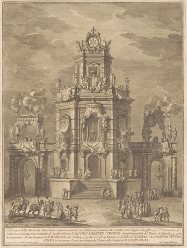 The Seconda Macchina for the Chinea of 1776: A Palace with a Loggia for the Lottery Draw by Giuseppe Vasi, print, 1776