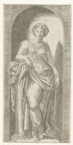 Vrouw als personificatie van Kracht (Fortitudo) leunend op zuil staand in nis by anonymous, print, 1510-1575