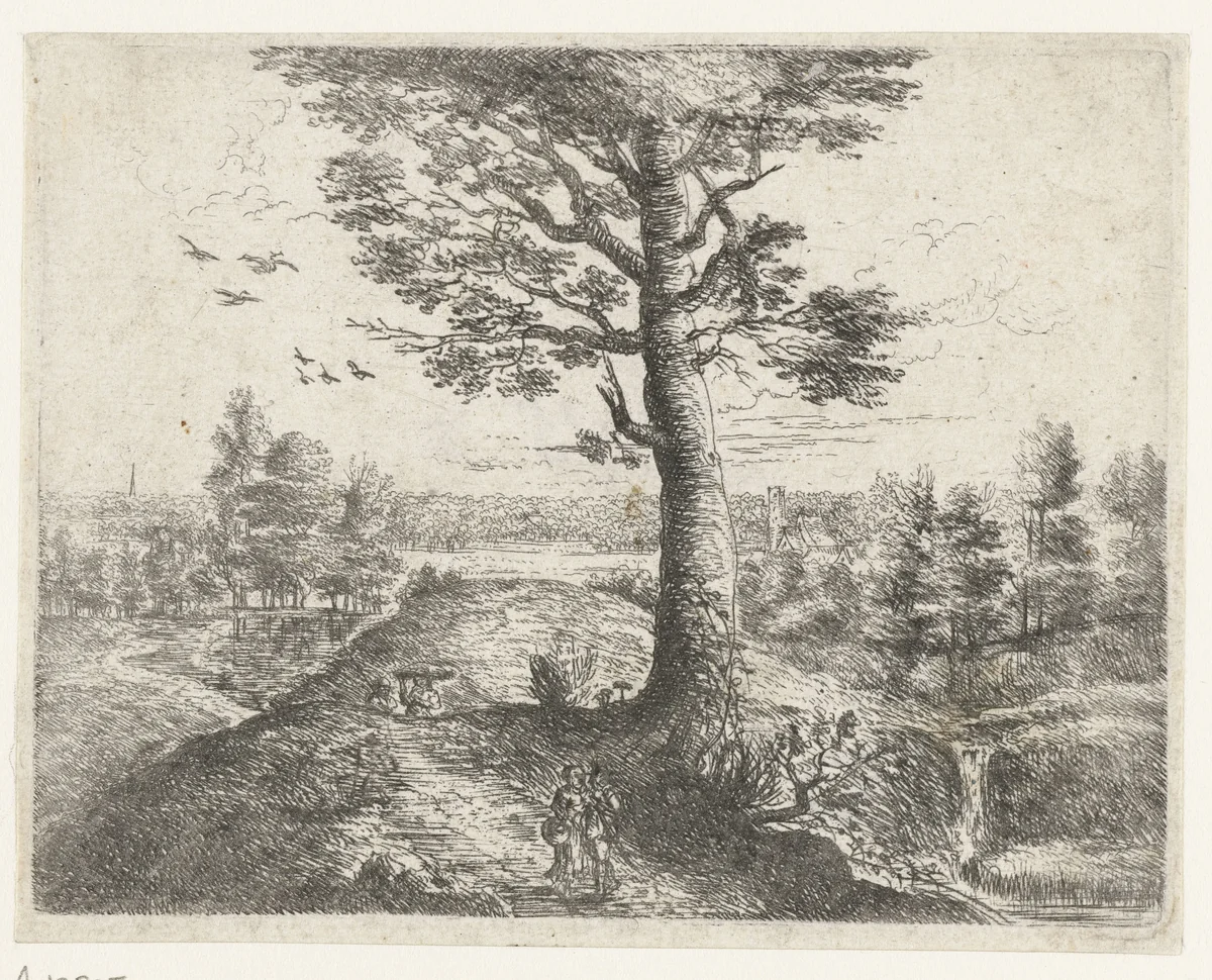 Landschap met een wandelend paar by Philips Augustijn Immenraet, print, 1637-1679