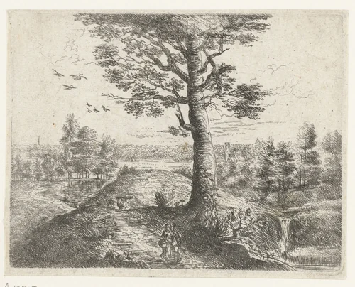 Landschap met een wandelend paar by Philips Augustijn Immenraet, print, 1637-1679