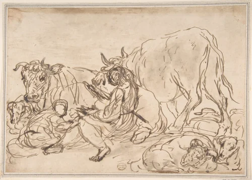 Figures with Cattle by anonymous, drawing, 1600-1700