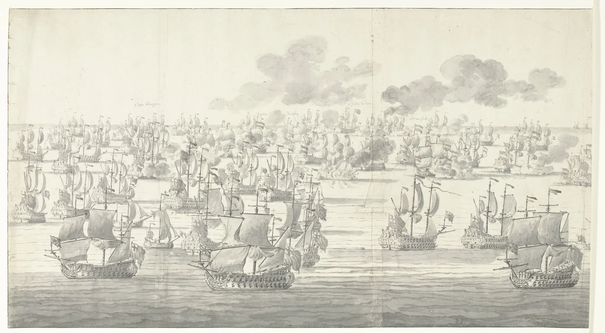 De Slag bij Solebay, 7 juni 1672, even na twee uur in de middag, gezien vanuit het noordwesten: linker deel by Willem van de Velde, drawing, 1673