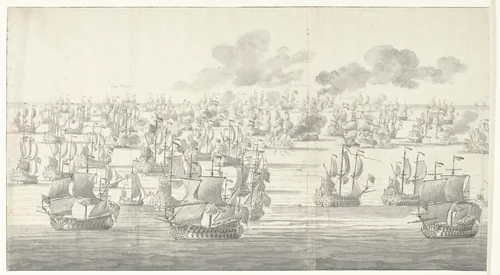 De Slag bij Solebay, 7 juni 1672, even na twee uur in de middag, gezien vanuit het noordwesten: linker deel by Willem van de Velde, drawing, 1673