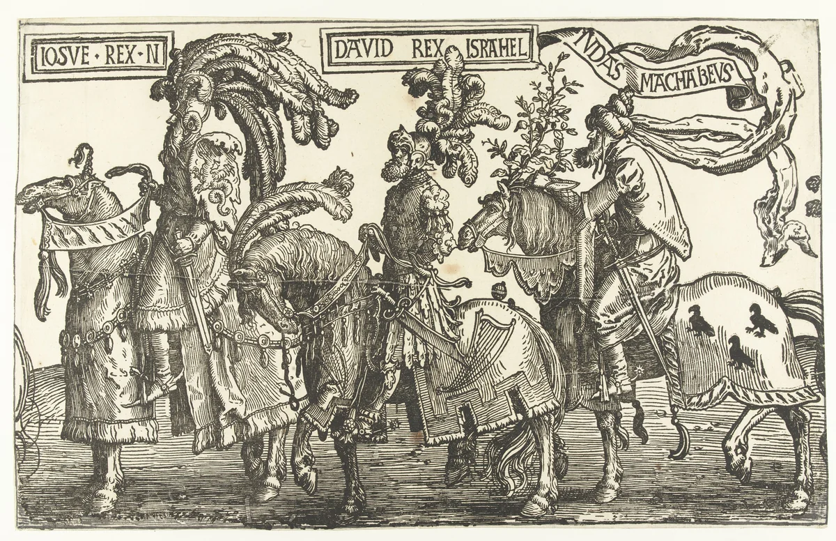 De helden Jozua, David en Judas de Makkabeeër by Lucas van Leyden, print, 1518-1522